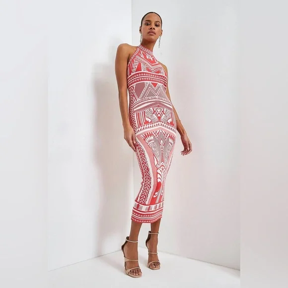 Karen Millen Halter Neck Jacquard Knitted Dress - Pink - Size S